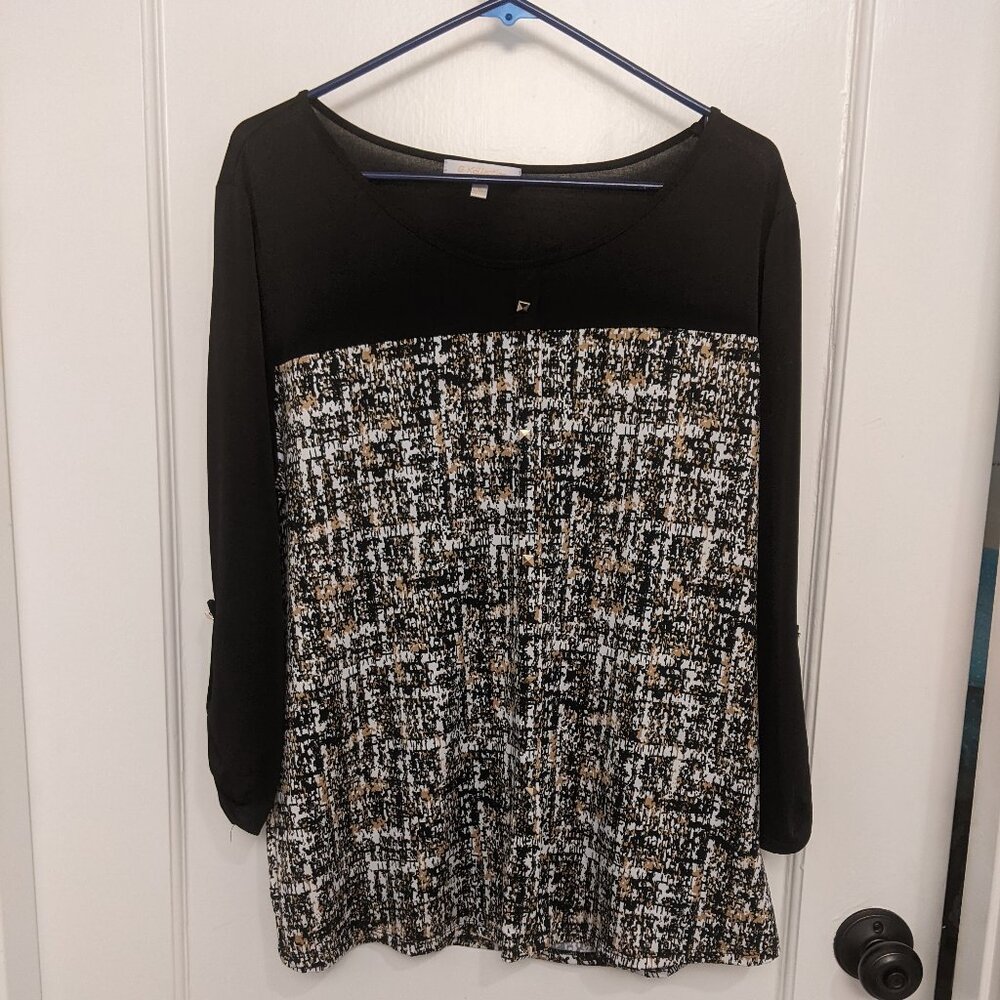 G Kollection Geometric Women's Top 1X Stretch Long Sleeve Casual Black & White